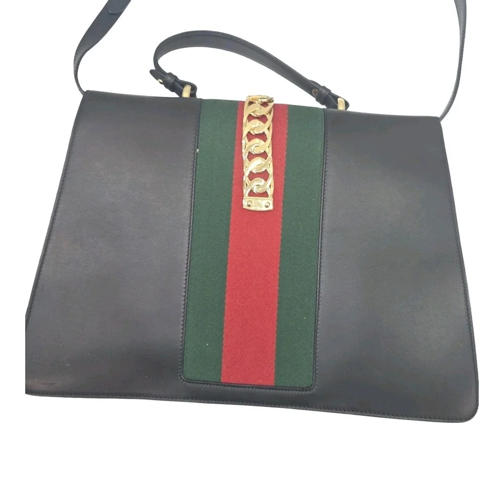 Gucci Sylvie 1969 leather handbag Maxi Size Black Striped Red Green Gold Chain